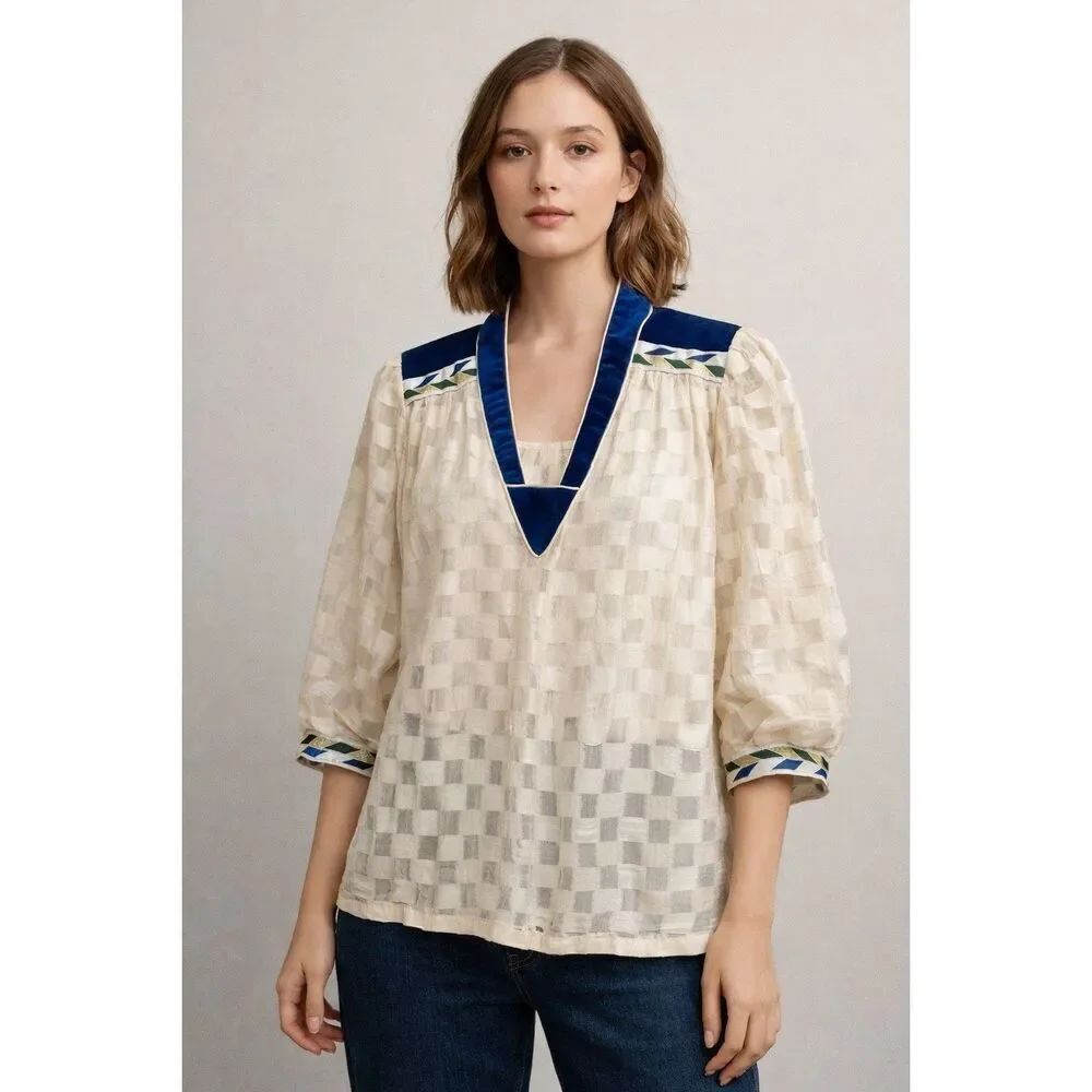 Vintage Mädchen Silk Blouse Blue Velvet Collar Ivory Textured Small